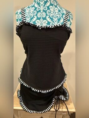 Black Striped-Trim Women's Tankini Skirt Swimsuit